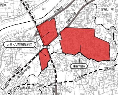 住宅密集地区の位置を赤色で示した大日・八雲東地区と東部地区周辺の地図