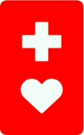 長方形の形で、赤地に白地で十字とハートが描かれたヘルプマーク