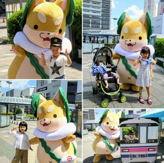 左上：両手でピースをした男の子ともり吉の写真、左下：目元でピースをしている女の子ともり吉の写真、右上：ベビーカーの子どもと女の子と一緒に写ったもり吉の写真、右下：紙で作られたバスの窓から顔を出す男の子とその横に立つもり吉の写真